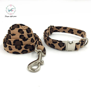 Unique Style Paws Leopard Print Dog Collar and Lead Set with Bow Tie Cotton Dog &Cat Necklace and Dog Leash