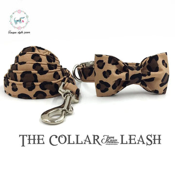 Unique Style Paws Leopard Print Dog Collar and Lead Set with Bow Tie Cotton Dog &Cat Necklace and Dog Leash
